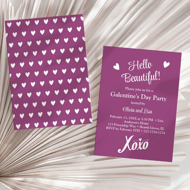 Invitation Bonjour les belles ! Fête de filles magique et vio (Hello Beautiful! Magical Purple XOXO Girls' Party Invitation on a sunny neutral dry palm leaf.)