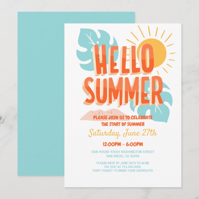 Invitation Bonjour l'été, fête de fin d'année scolaire, fête  (Devant / Derrière)