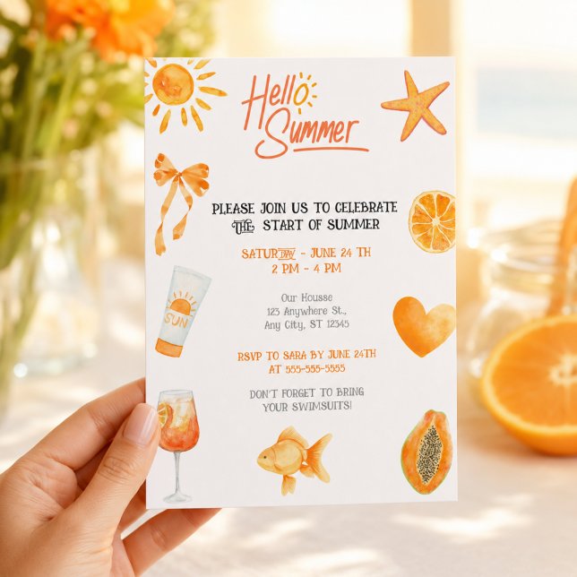 Invitation Bonjour l'été Fête de plage orange tropicale (Créateur téléchargé)