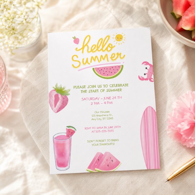 Invitation Bonjour l'été Pastèque Fête Piscine Rose Amusant (Créateur téléchargé)