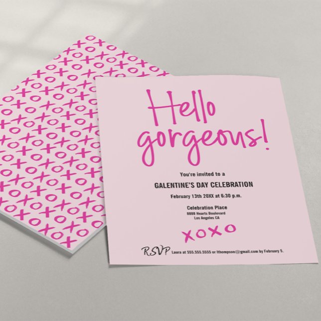 Invitation Bonjour magnifique Galentine's Day xoxo rose coutu (Hello Gorgeous! XOXO Galentine's day party invitation in pink and hot pink. Customizable fields.)