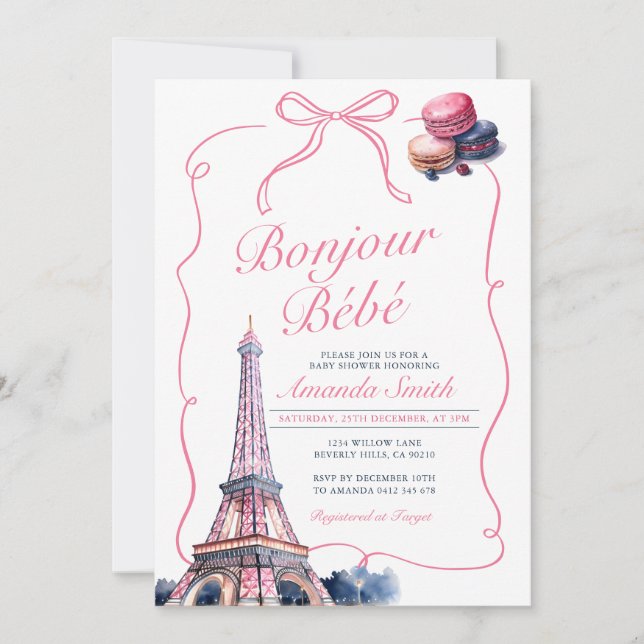 Invitation Bonjour Pink Bow French Baby shower Café Parisien (Devant)