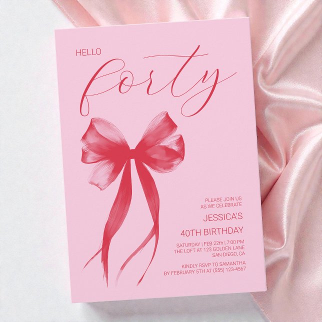 Invitation Bonjour Quarante Anniversaire Moderne Ruban Rose 4 (Hello Thirty Modern Bow Pink 40th Birthday Party Invitation)