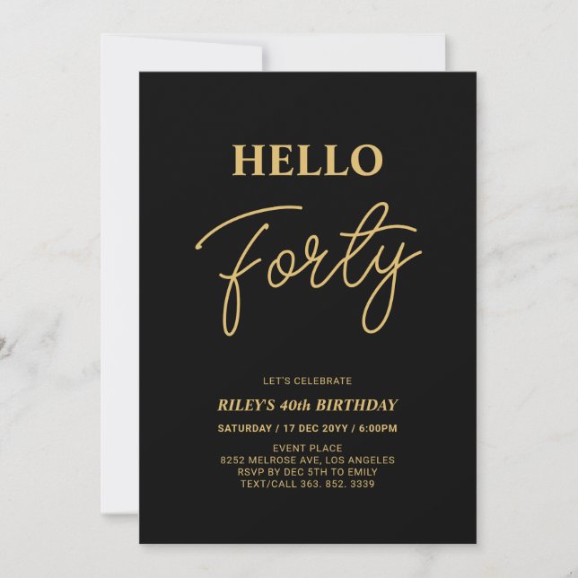 Invitation Bonjour Quarty | Gold & Black 40th Birthday Party (Devant)