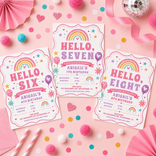 Invitation Bonjour Sept Fille Arc-en-ciel 7ème Anniversaire (Hello Seven Rainbow Girl's 7th Birthday Invitation)