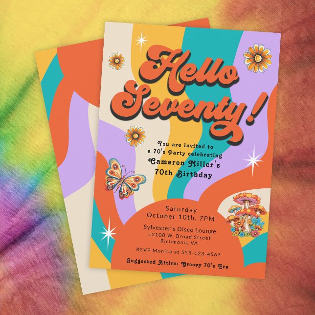 Invitation Bonjour Soixante-dix Super fête d'anniversaire des (Celebrate turning 70 with a Groovy Seventies Party!)