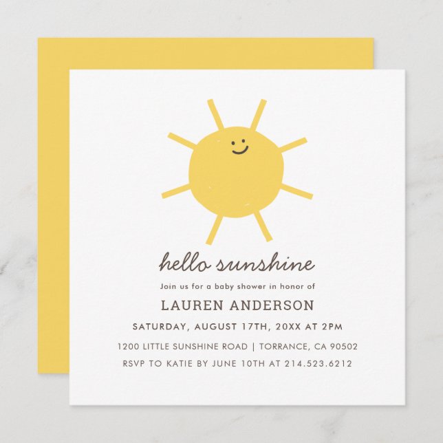 Invitation Bonjour Sunshine Genre Neutre Baby shower Carré I (Devant / Derrière)