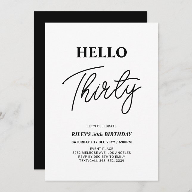 Invitation Bonjour trente | Black & White 30th Birthday Party (Devant / Derrière)