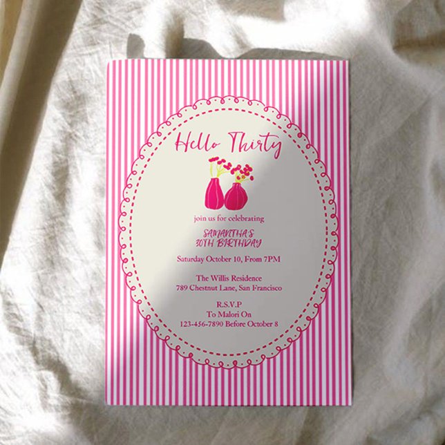 Invitation Bonjour Trente Rayures Florales Vintage 30e Annive (Créateur téléchargé)