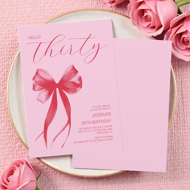 Invitation Bonjour Trente rose Bow moderne 30e fête d'anniver (Hello Thirty Pink Modern Bow 30th Birthday Party Invitation)