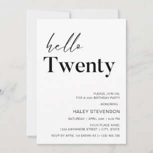 Invitation Bonjour Vingt minimaliste blanc moderne 20e annive