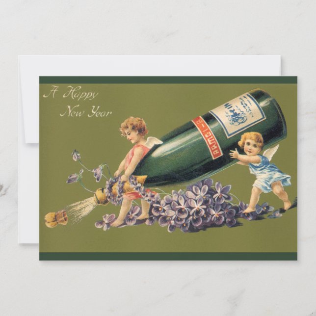Invitation Bonne année, anges vintage avec du champagne (Devant)