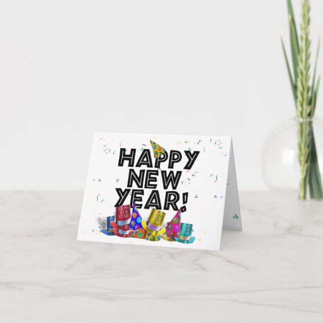 Invitation Bonne Année - Texte Noir avec Chapeaux de Fête (Devant)