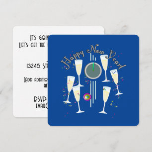 Invitation Bonne Année - Verres à Champagne et Horloge