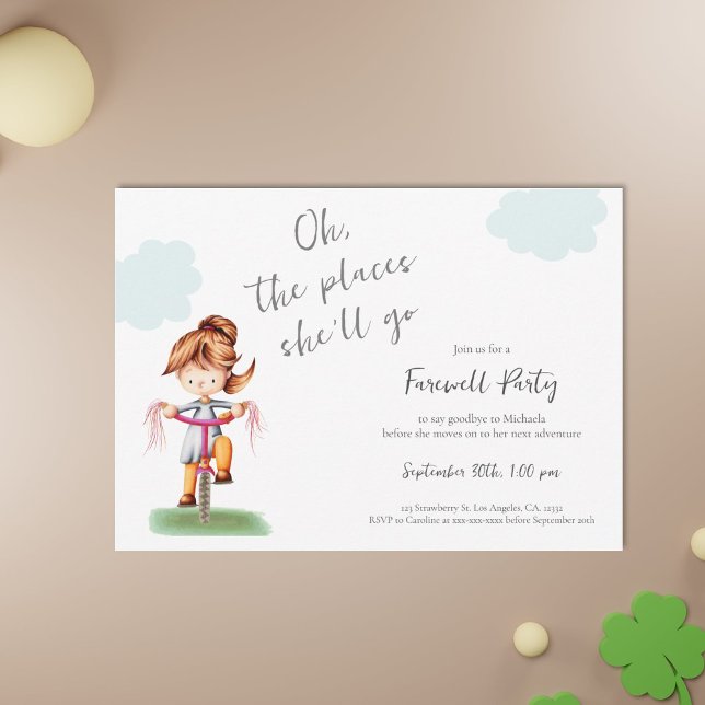 Invitation Bonne Chance Fille qui fait du vélo Fête d'adieu (Farewell graduation invitation with a girl riding a bicycle illustration)