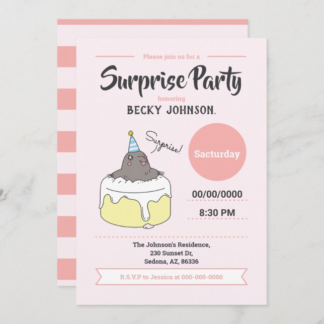 Invitation Bonne Mole Surprise Anniversaire Fête, Peach Pink (Devant / Derrière)