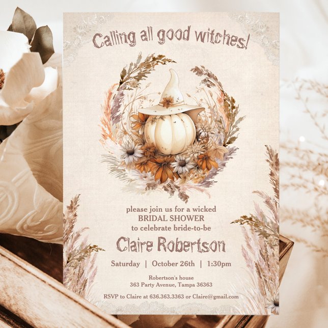 Invitation Bonne sorcière Citrouille Halloween Fête des marié (Good Witch Pumpkin Halloween Boho Bridal Shower Invitation)