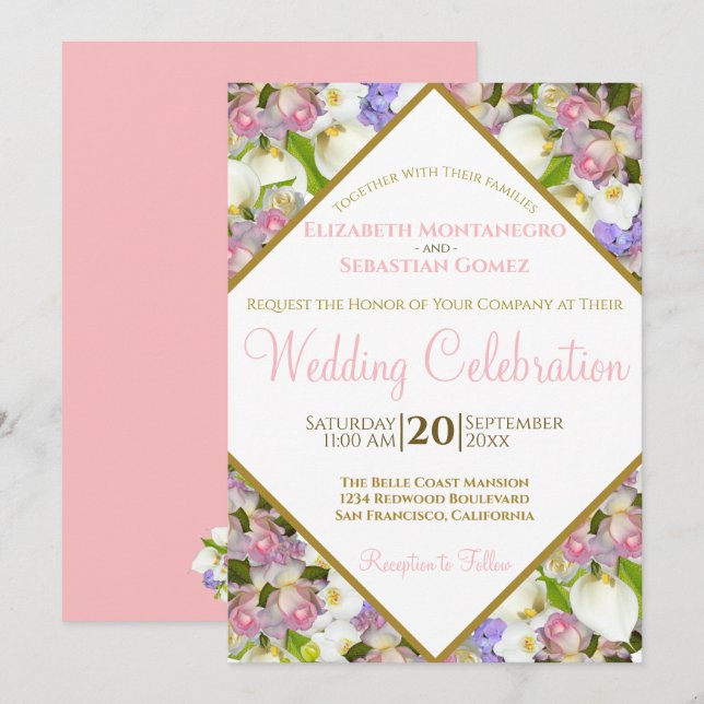 Invitation Bonté des Fleurs Pastel Mariage de cadre diamant (Devant / Derrière)