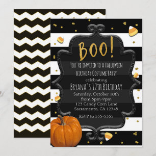 Invitation BOO ! Bonbons en forme de maïs et citrouille orang