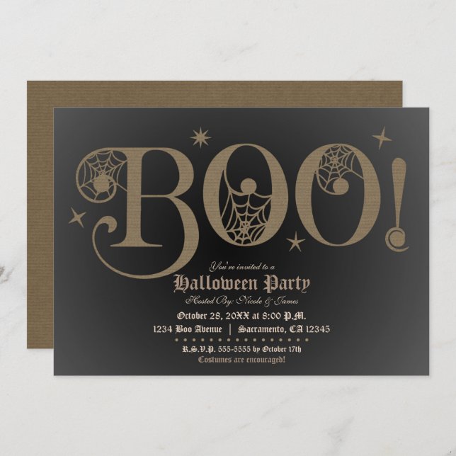 Invitation BOO Brown Rustique Élégante fête costumée Hallowee (Devant / Derrière)