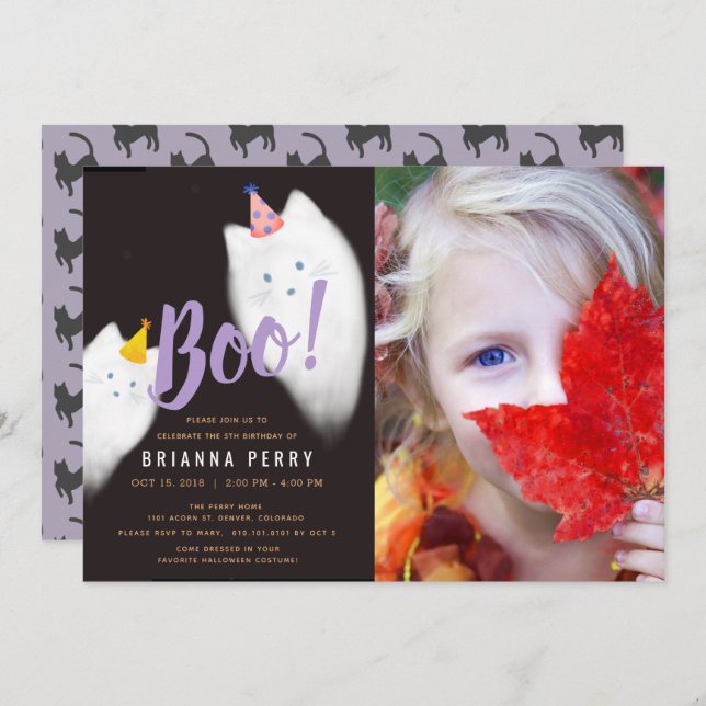 Invitation Boo ! Chat fantôme Halloween violet Photo Annivers (Devant / Derrière)