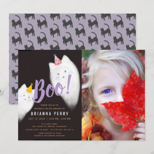 Invitation Boo ! Chat fantôme Halloween violet Photo Annivers