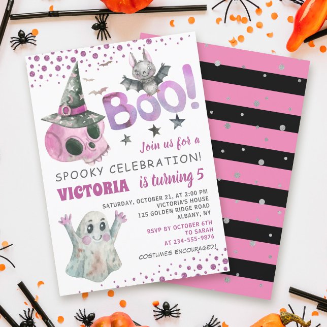 Invitation Boo Éffrayant crâne rose fille Halloween Anniversa (Créateur téléchargé)