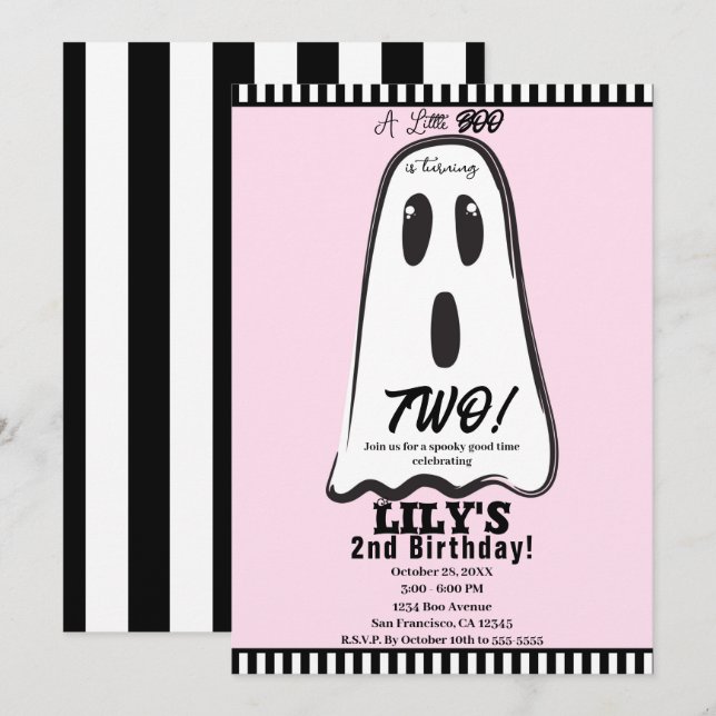 Invitation BOO ! Fantôme Rose Mignon et Effrayant Anniversair (Devant / Derrière)