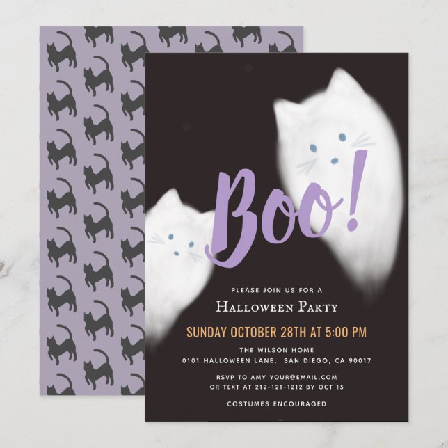 Invitation Boo ! Fête d'Halloween Ghost Cat mou violet (Devant / Derrière)