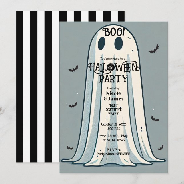 Invitation BOO ! Feuille Fantôme Vert Vintage Halloween (Devant / Derrière)