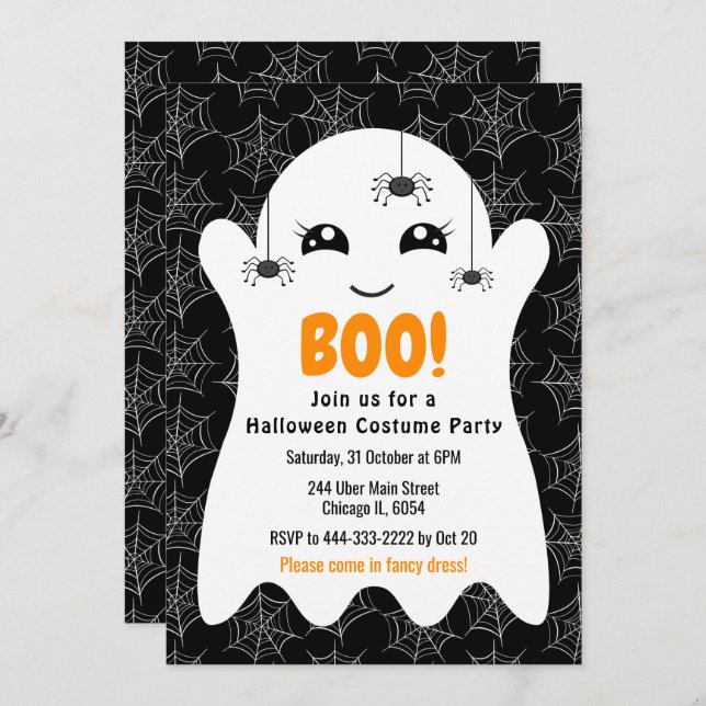 Invitation Boo Ghost Halloween Costume Party Black (Devant / Derrière)