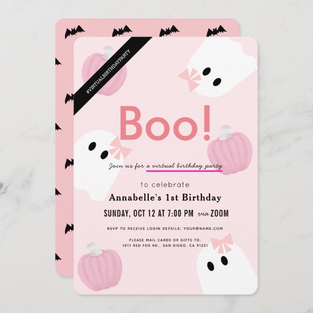 Invitation Boo ! Halloween Fille Fantôme rose Anniversaire vi (Devant / Derrière)