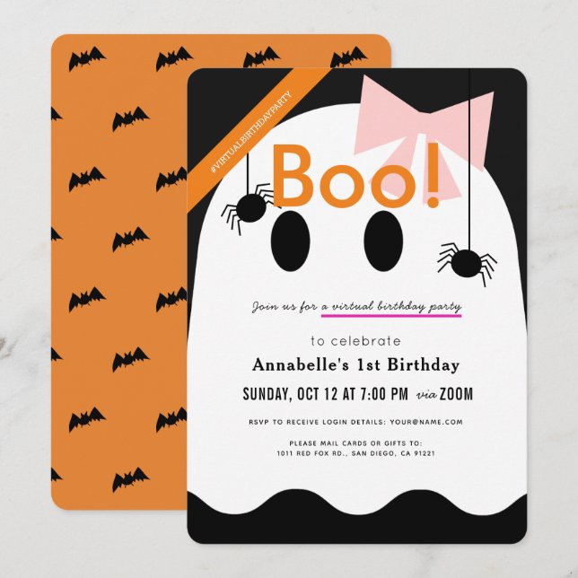 Invitation Boo ! Halloween Ghost Girl Ribbon Virtual Annivers (Devant / Derrière)