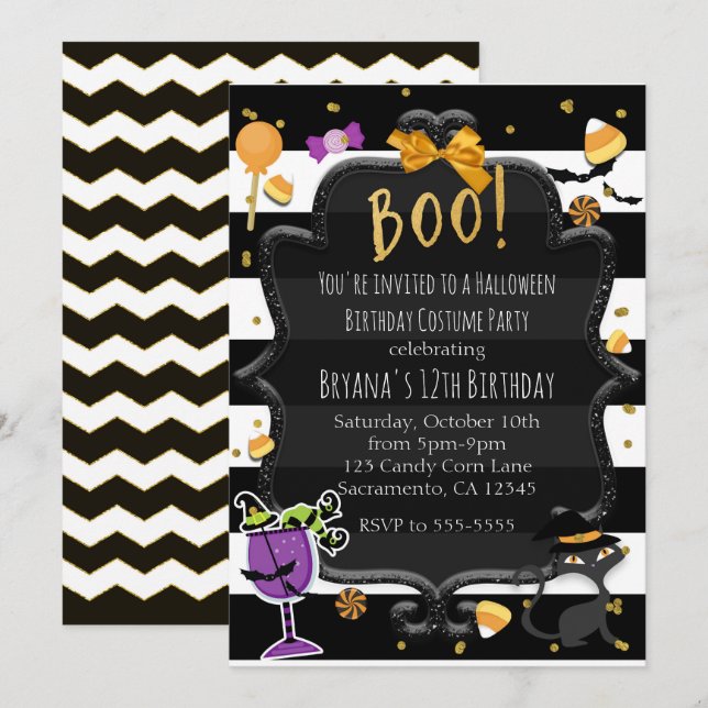 Invitation BOO! Rayures noires et blanches Fête de bonbons Ha (Devant / Derrière)