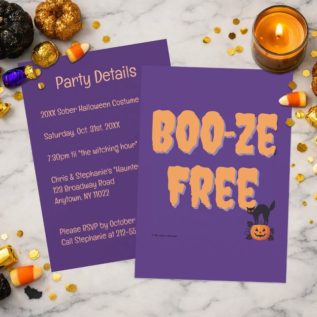 Invitation Boo‑ze sans alcool | Soirée Halloween sobre (Personalizable Boo-ze Free Halloween invitation you can edit for your sober party or celebration. )