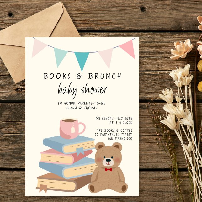 Invitation Books & Brunch Neutral Books & Teddy Baby Shower (Créateur téléchargé)