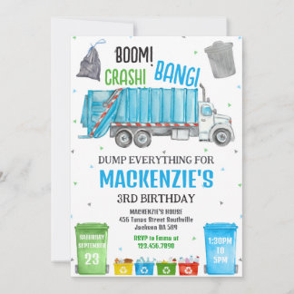 Invitation Boom Crash Bang Garbage Truck Boy Birthday Party