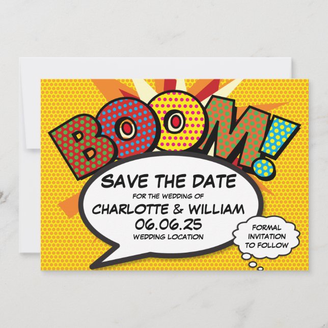 Invitation BOOM Enregistrez la date Fun rétro bande dessinée  (Devant)