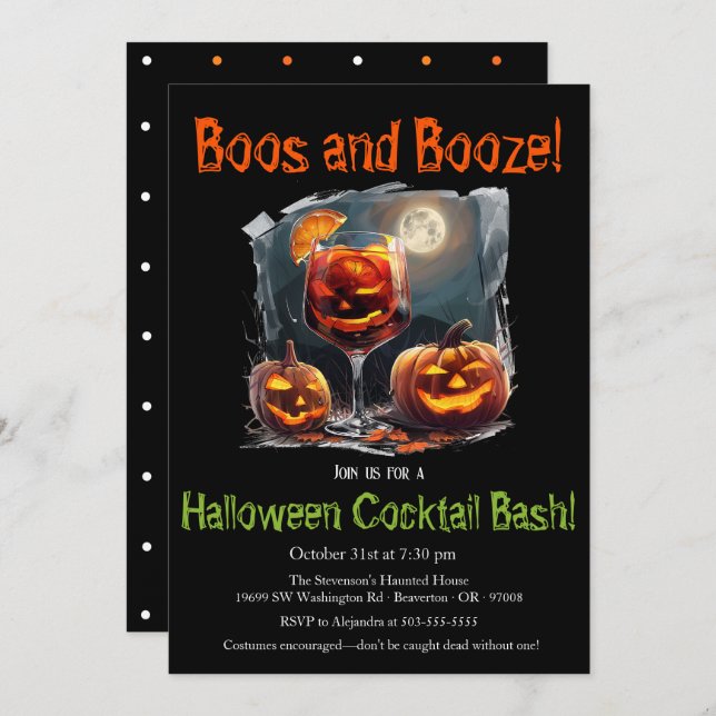 Invitation "Boos and Booze" Cocktail Halloween Bash Party (Devant / Derrière)
