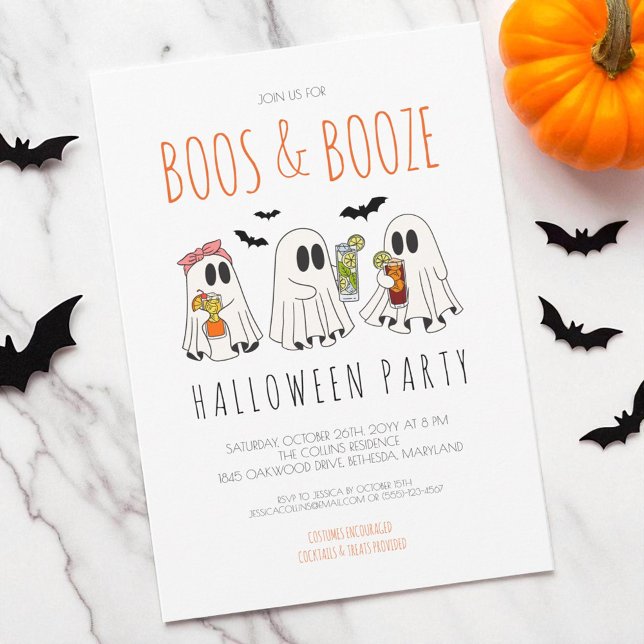 Invitation Boos and Booze Funny Ghost Adulte Halloween Party (Boos and Booze Funny Ghost Adult Halloween Party Invitation)