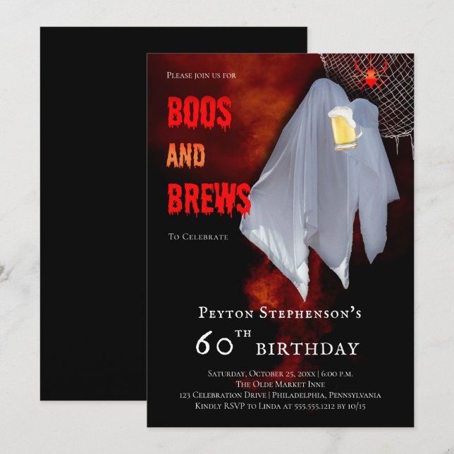 Invitation Boos and Brews Ghost Halloween 60e fête d'annivers (Devant / Derrière)