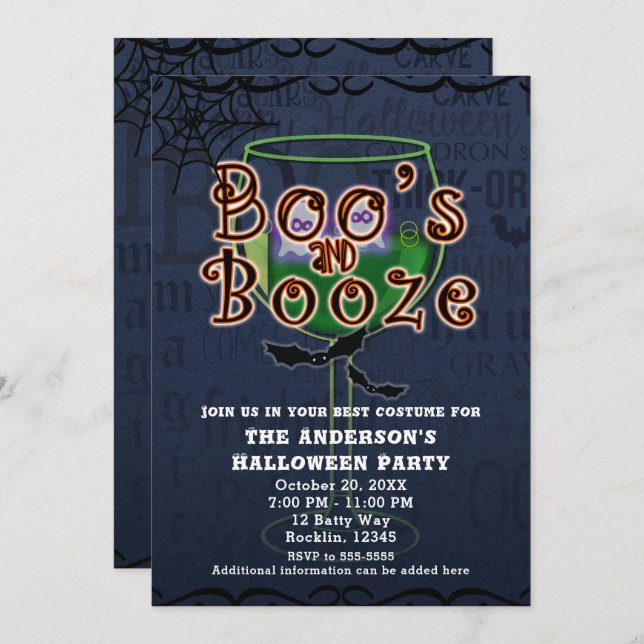 Invitation Boos & Booze Ghosts & Bats Halloween Costume Party (Devant / Derrière)