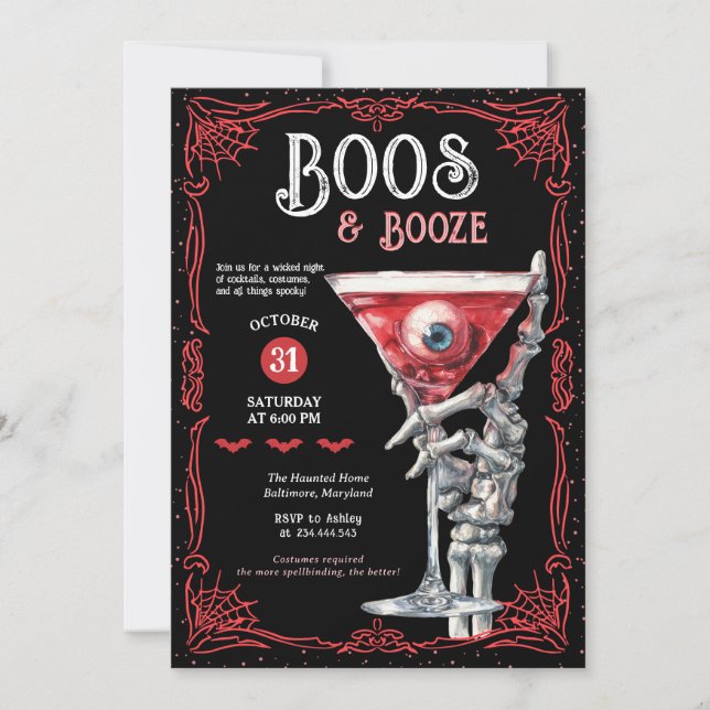 Invitation Boos & Booze Red Spooky Costume Halloween Party (Devant)
