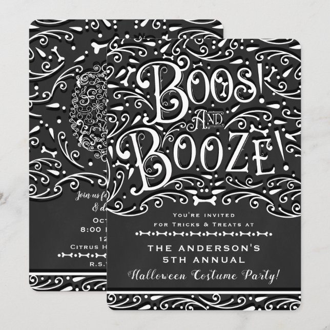 Invitation Boos & Booze Vintage Chalk Élégant Soirée Hallowee (Devant / Derrière)