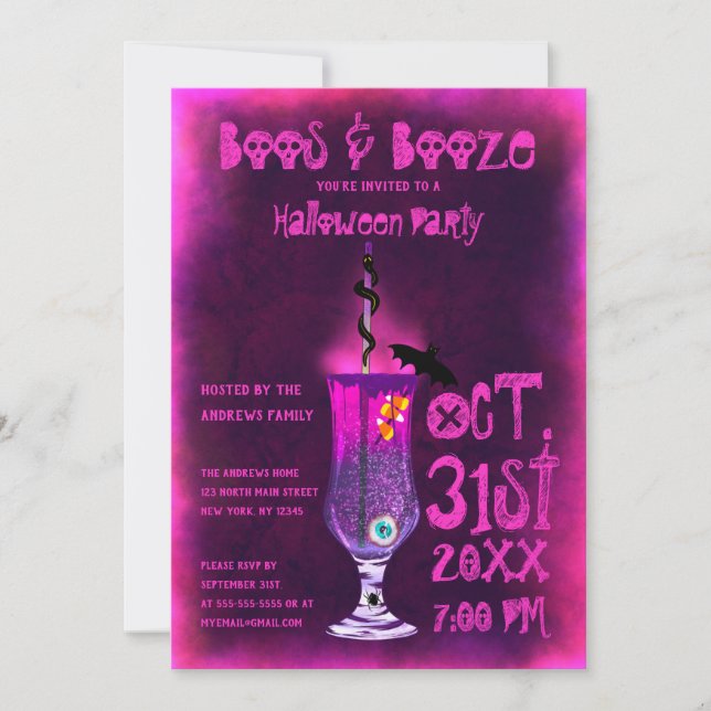 Invitation Boos et Booze Cocktail Éffrayant Boire Halloween (Devant)
