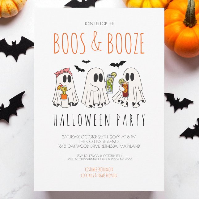 Invitation Boos et Booze Éffrayant Ghost Adulte Halloween Par (Boos and Booze Spooky Ghost Adult Halloween Party Invitation)