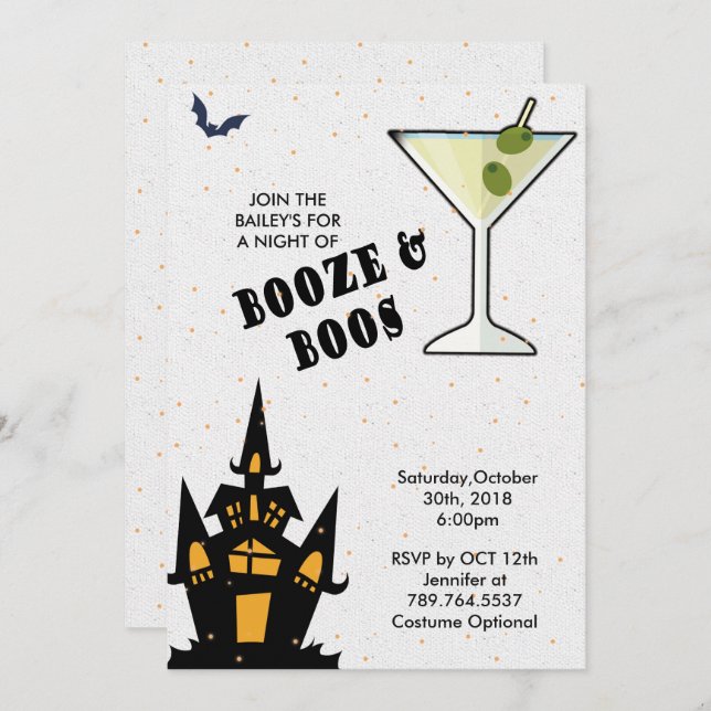 Invitation Boos et Booze Halloween Élégant (Devant / Derrière)