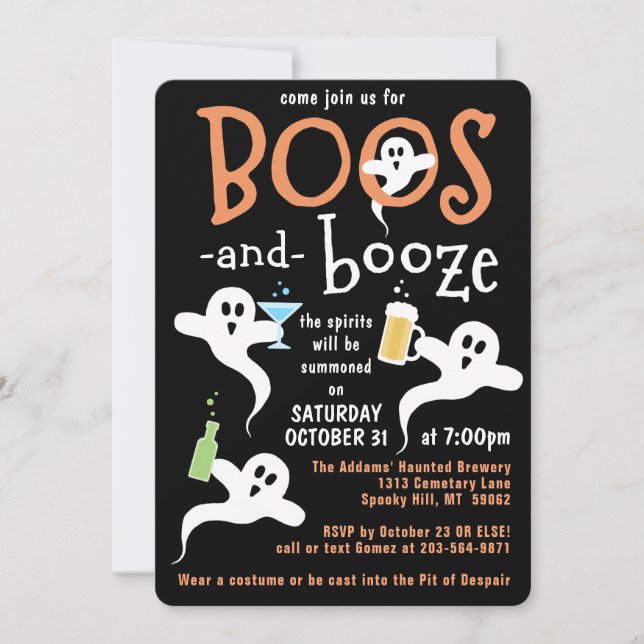 Invitation Boos et Booze Halloween Party mignon Éffrayant fan (Devant)