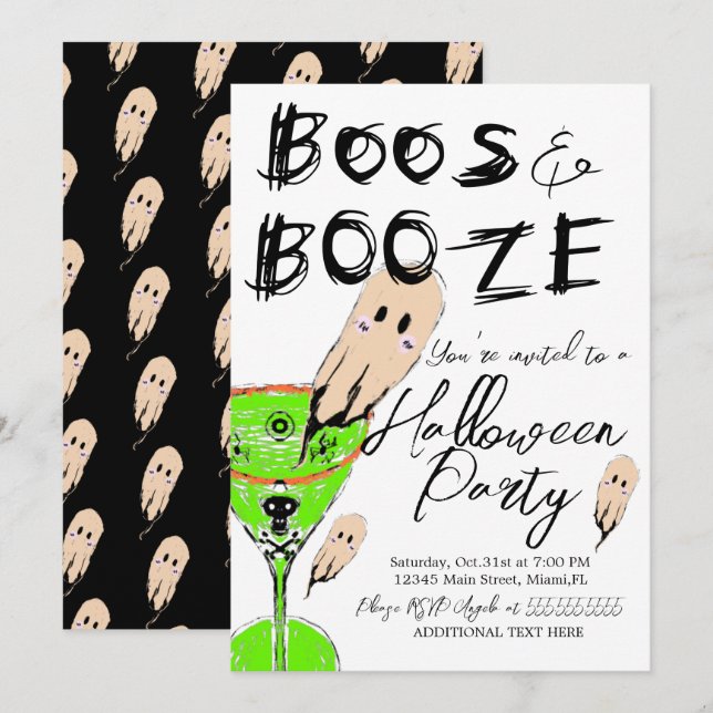 Invitation Boos et Booze Halloween Vintage Ghost Drink (Devant / Derrière)