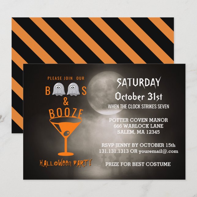 Invitation Boos et Booze, le cimetière de la fête d'Halloween (Devant / Derrière)